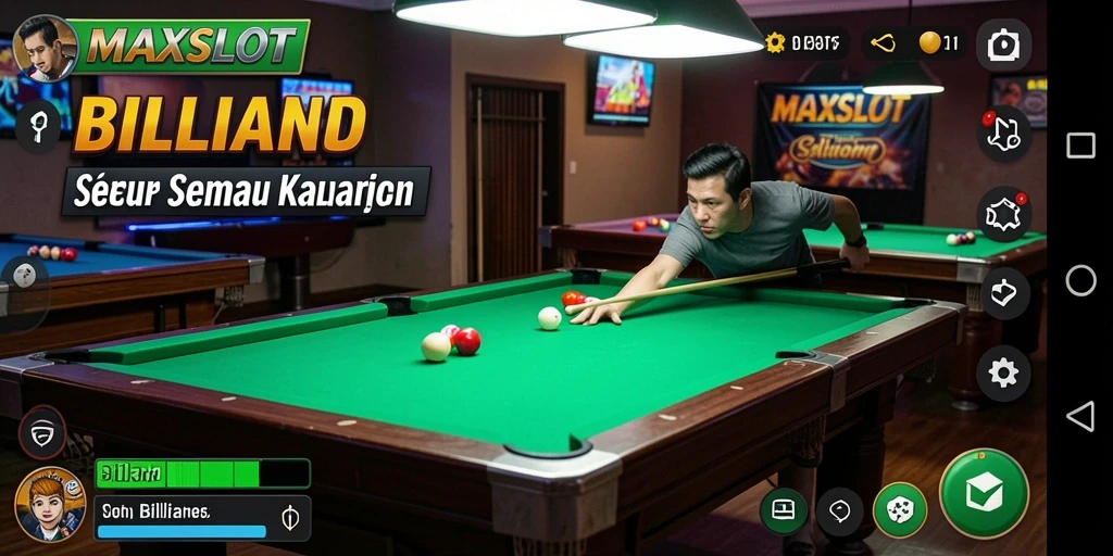 Tampilan antarmuka pengguna MAXSLOT dengan meja billiard yang menarik.